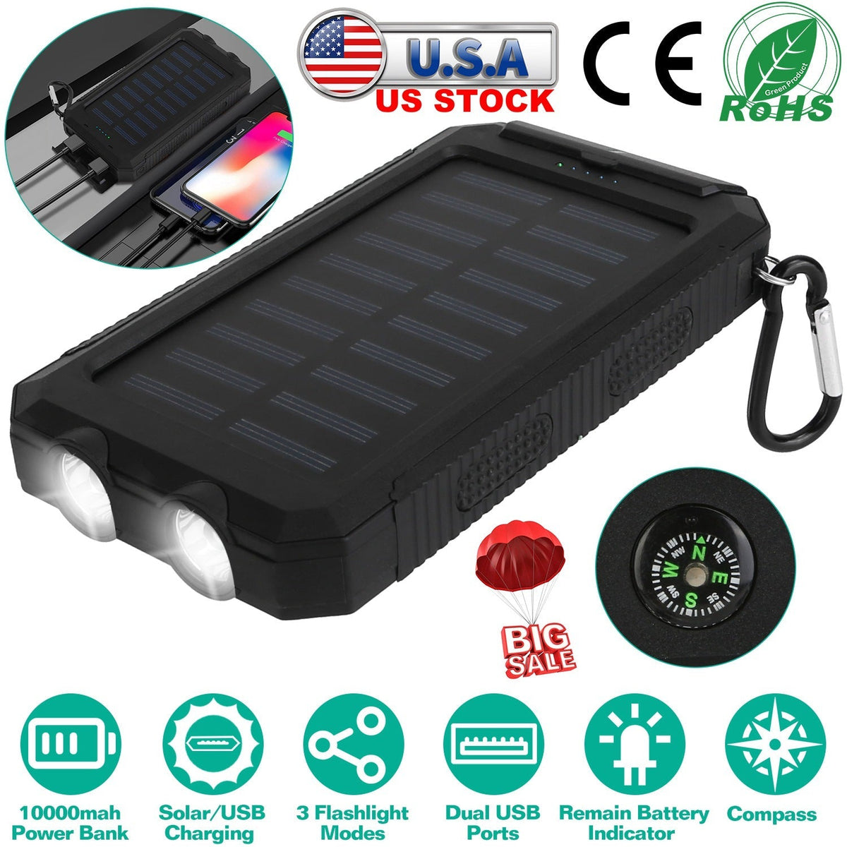 10,000mAh Solar Power Bank with Flashlight & Compass