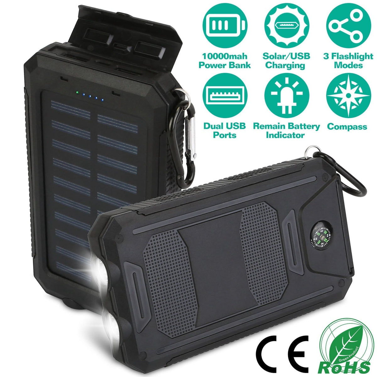 10,000mAh Solar Power Bank with Flashlight & Compass