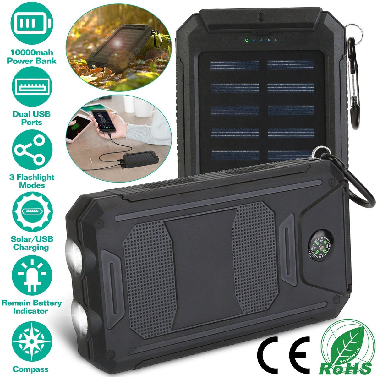 10,000mAh Solar Power Bank with Flashlight & Compass