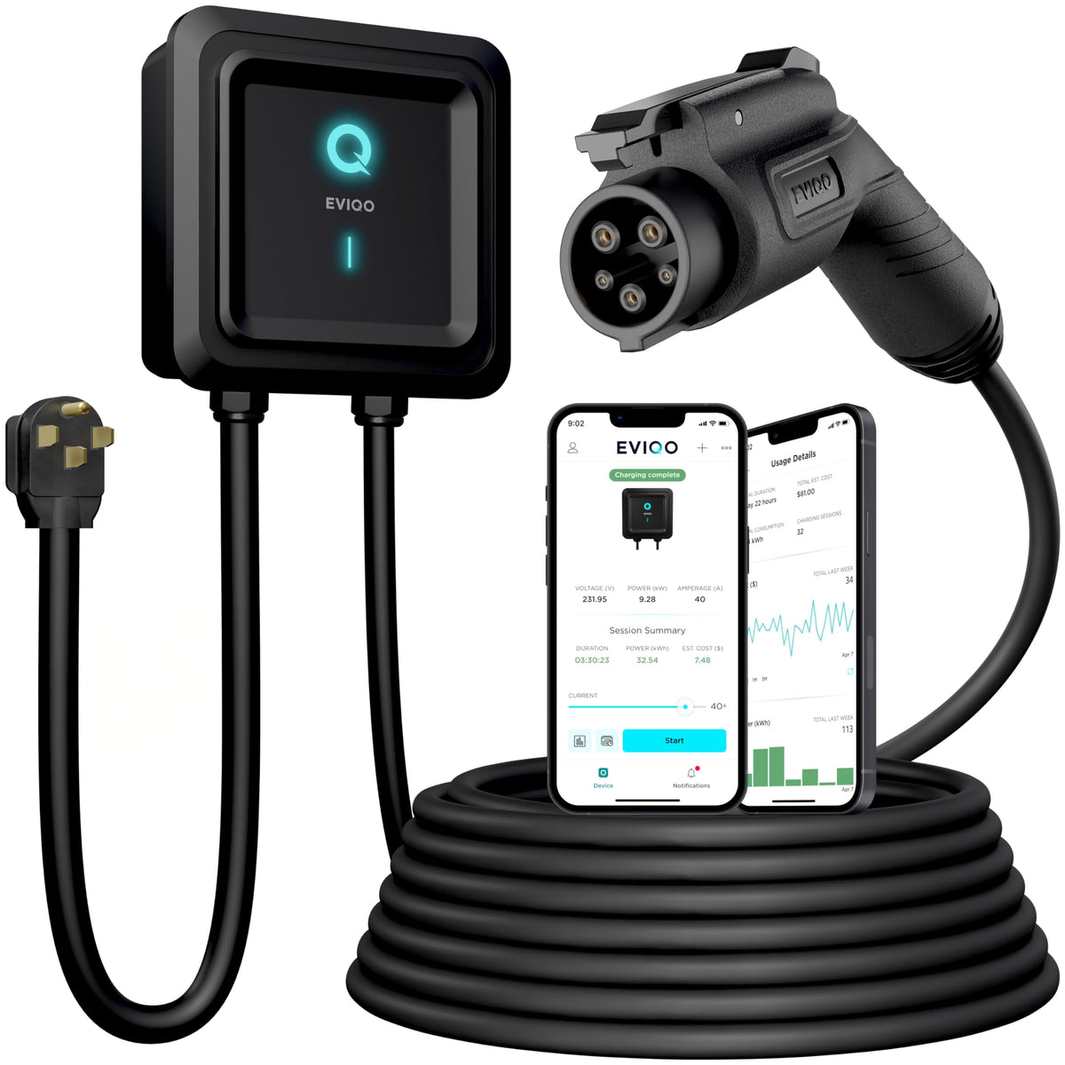 EVIQO Level 2 EV Charger, Two Installation Options Available, 40A (9.6kW) Plug-In or 48A (11.5kW) Hardwired, 240V, J1772 for Non-Tesla EVs