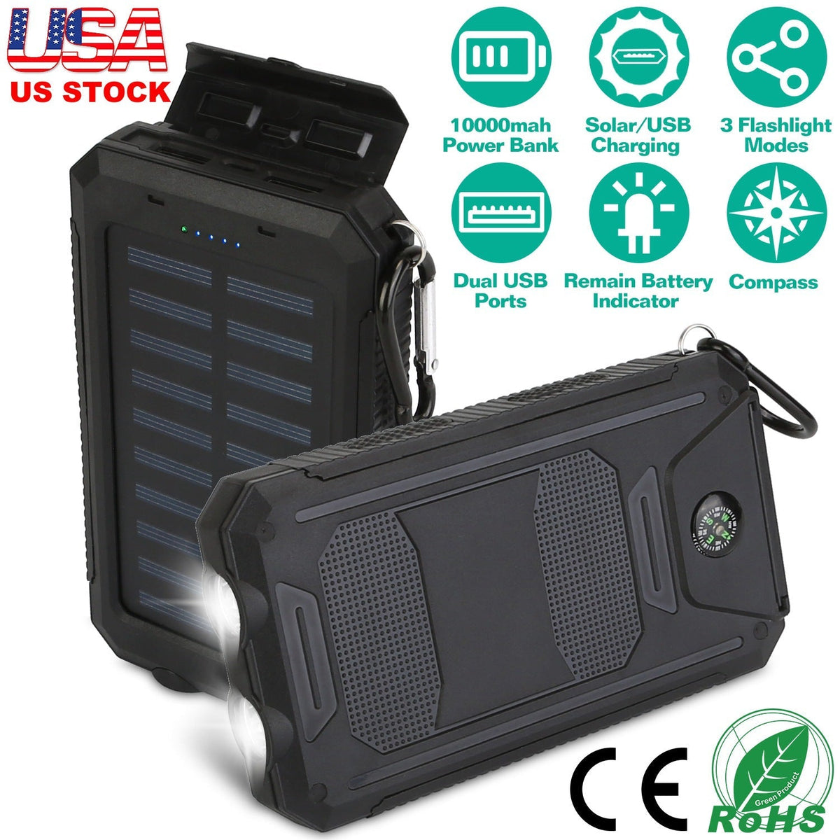 10,000mAh Solar Power Bank with Flashlight & Compass