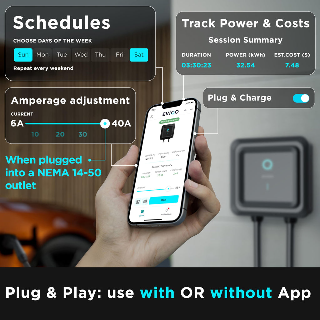 EVIQO Level 2 EV Charger, Two Installation Options Available, 40A (9.6kW) Plug-In or 48A (11.5kW) Hardwired, 240V, J1772 for Non-Tesla EVs
