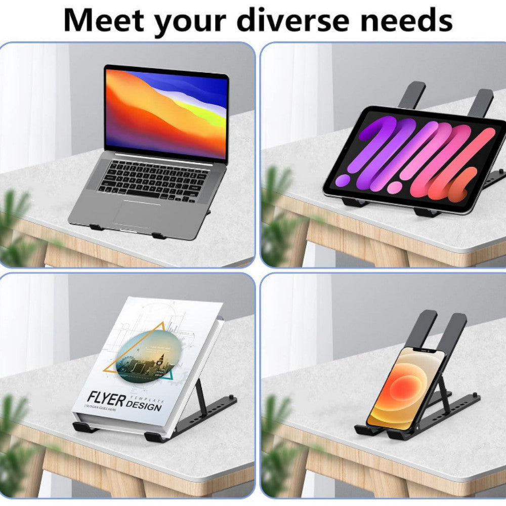 Laptop stand holding a MacBook, a tablet and other devices