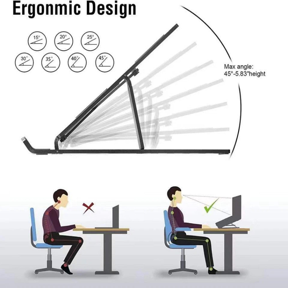 Ergonomic design diagram showing the stand's adjustable angles