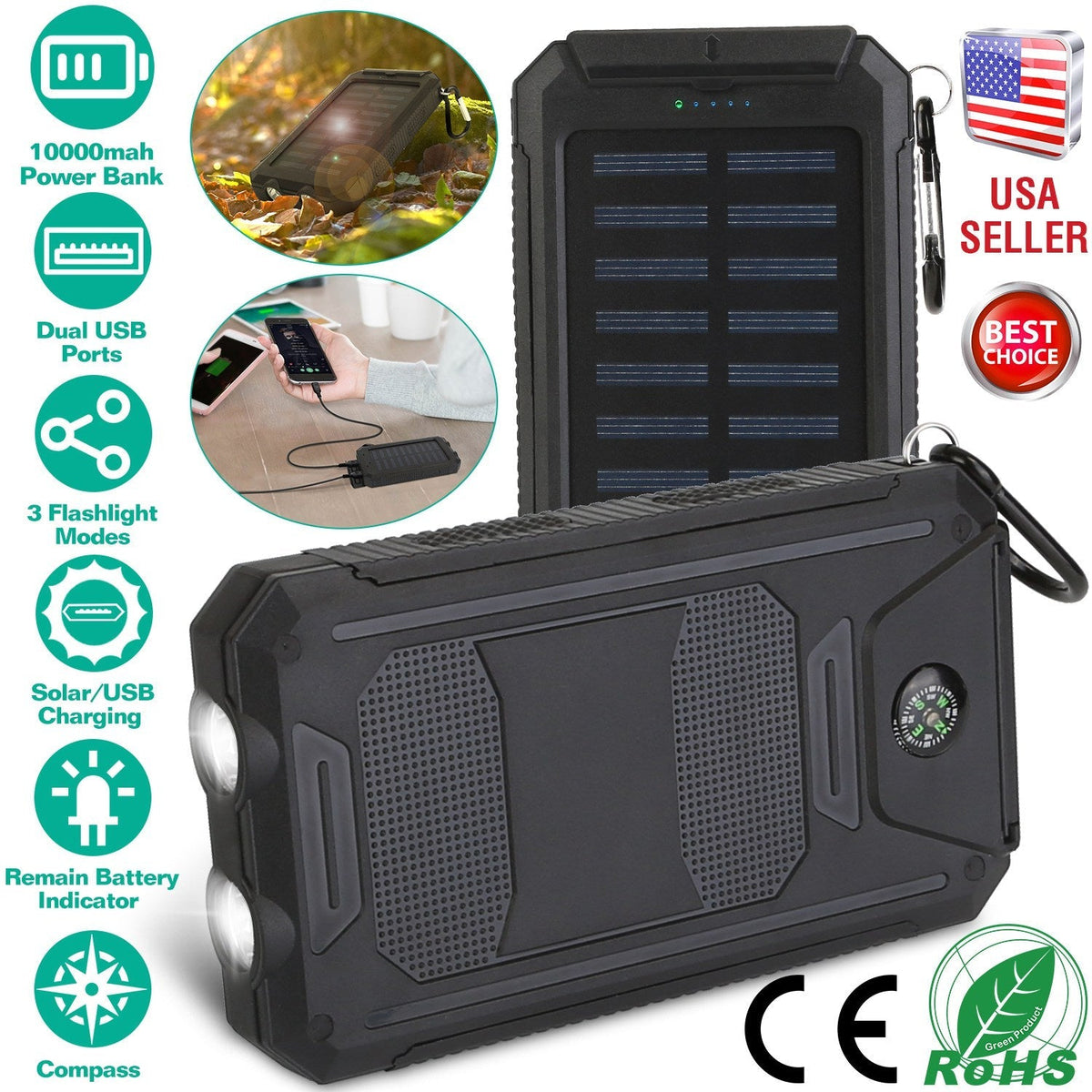 10,000mAh Solar Power Bank with Flashlight & Compass