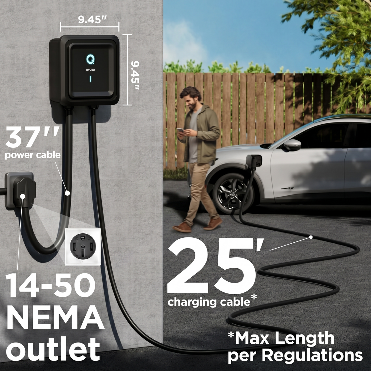 EVIQO Level 2 EV Charger, Two Installation Options Available, 40A (9.6kW) Plug-In or 48A (11.5kW) Hardwired, 240V, J1772 for Non-Tesla EVs