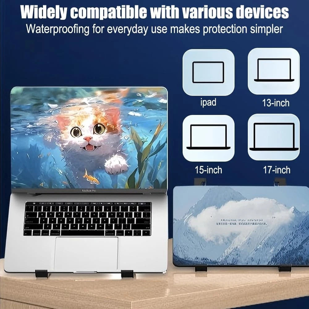 Laptop on stand with a chart of compatible device sizes
