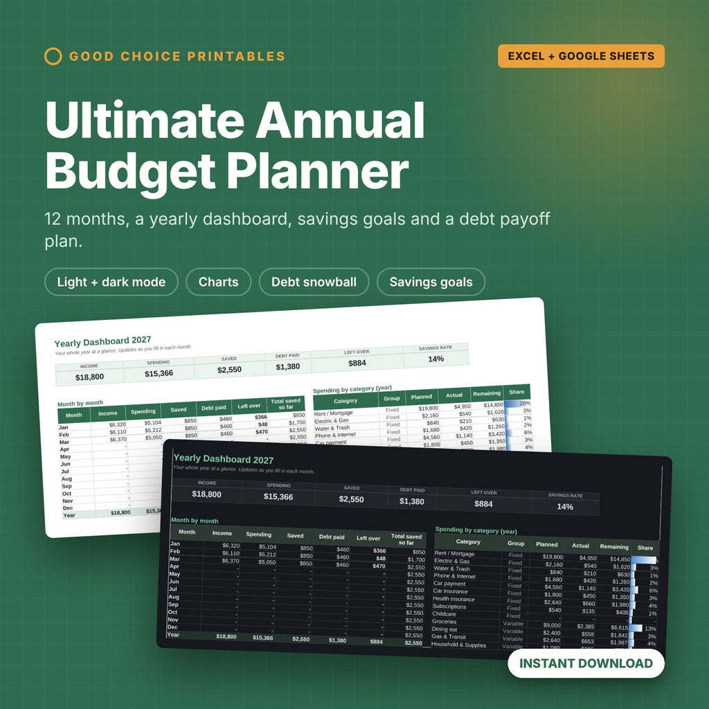 Ultimate Annual Budget Planner cover, light and dark mode