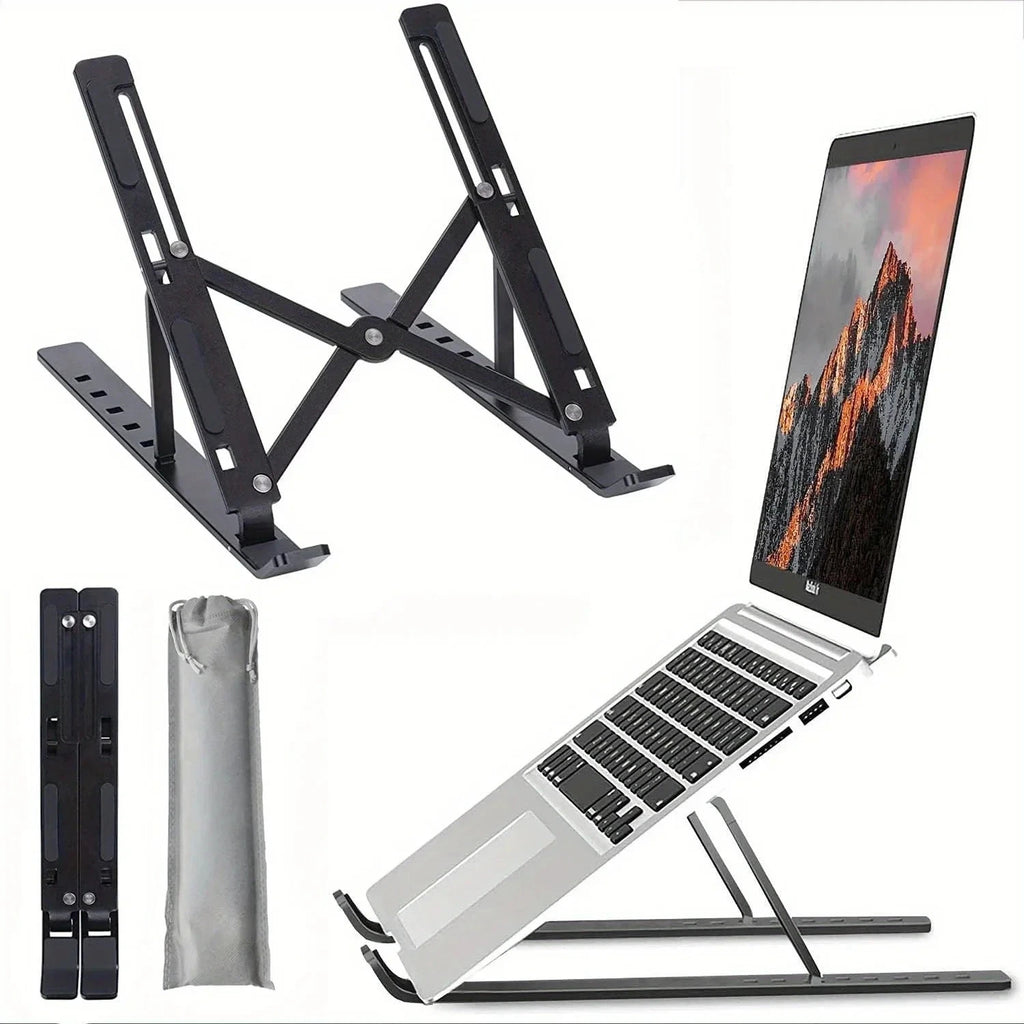 Laptop stand folded flat and open with a laptop on top