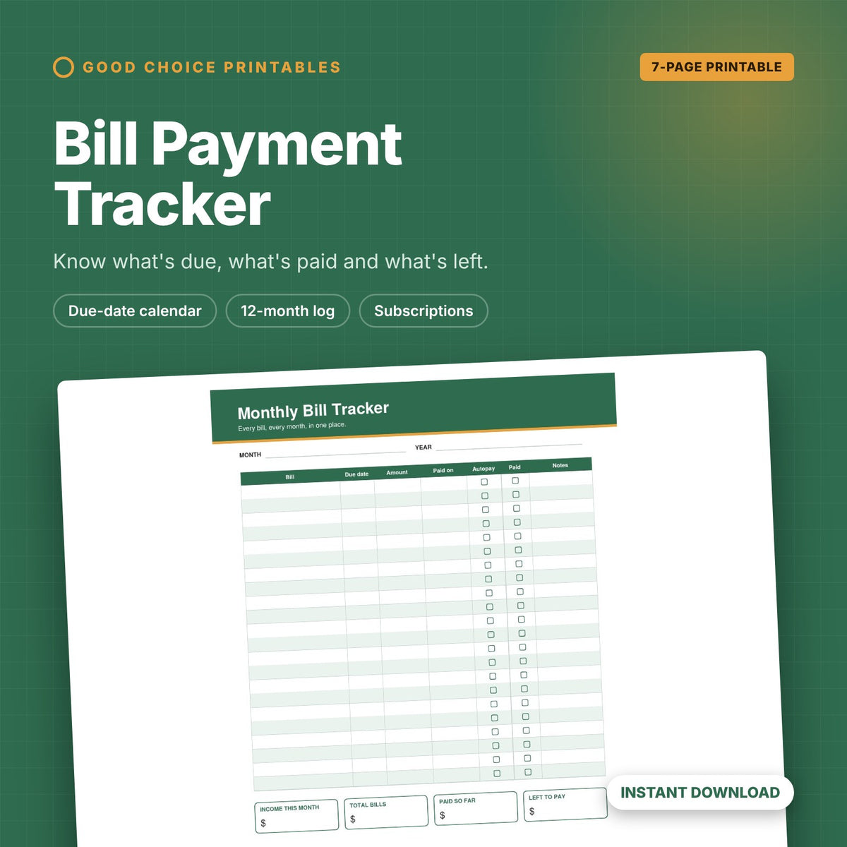 Bill Payment Tracker printable cover showing the monthly bill tracker page