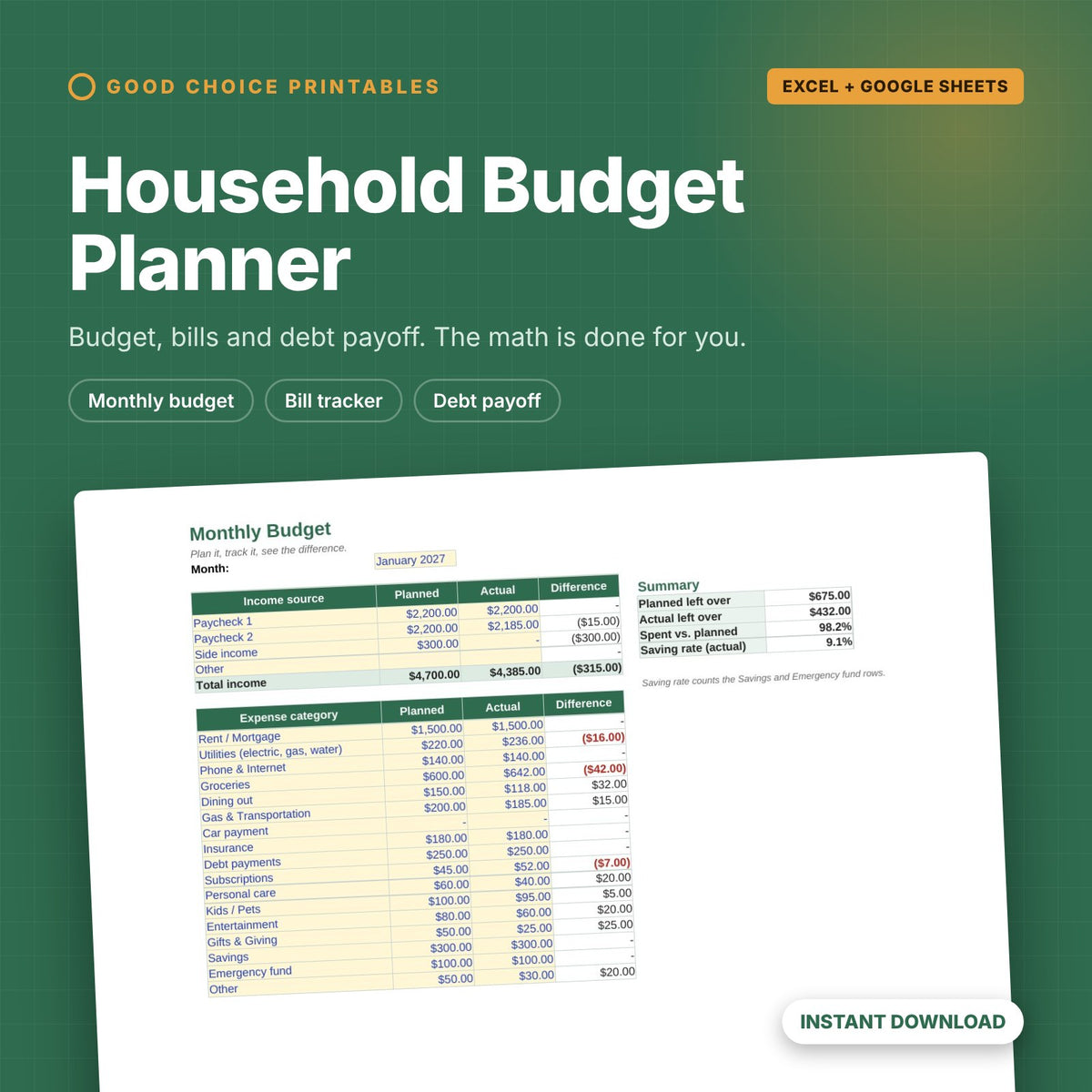 Household Budget Planner spreadsheet cover showing the monthly budget tab
