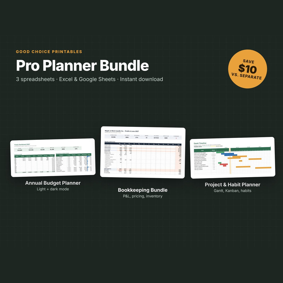 Pro Planner Bundle: Annual Budget Planner, Small Business Bookkeeping and Project & Habit Planner spreadsheets