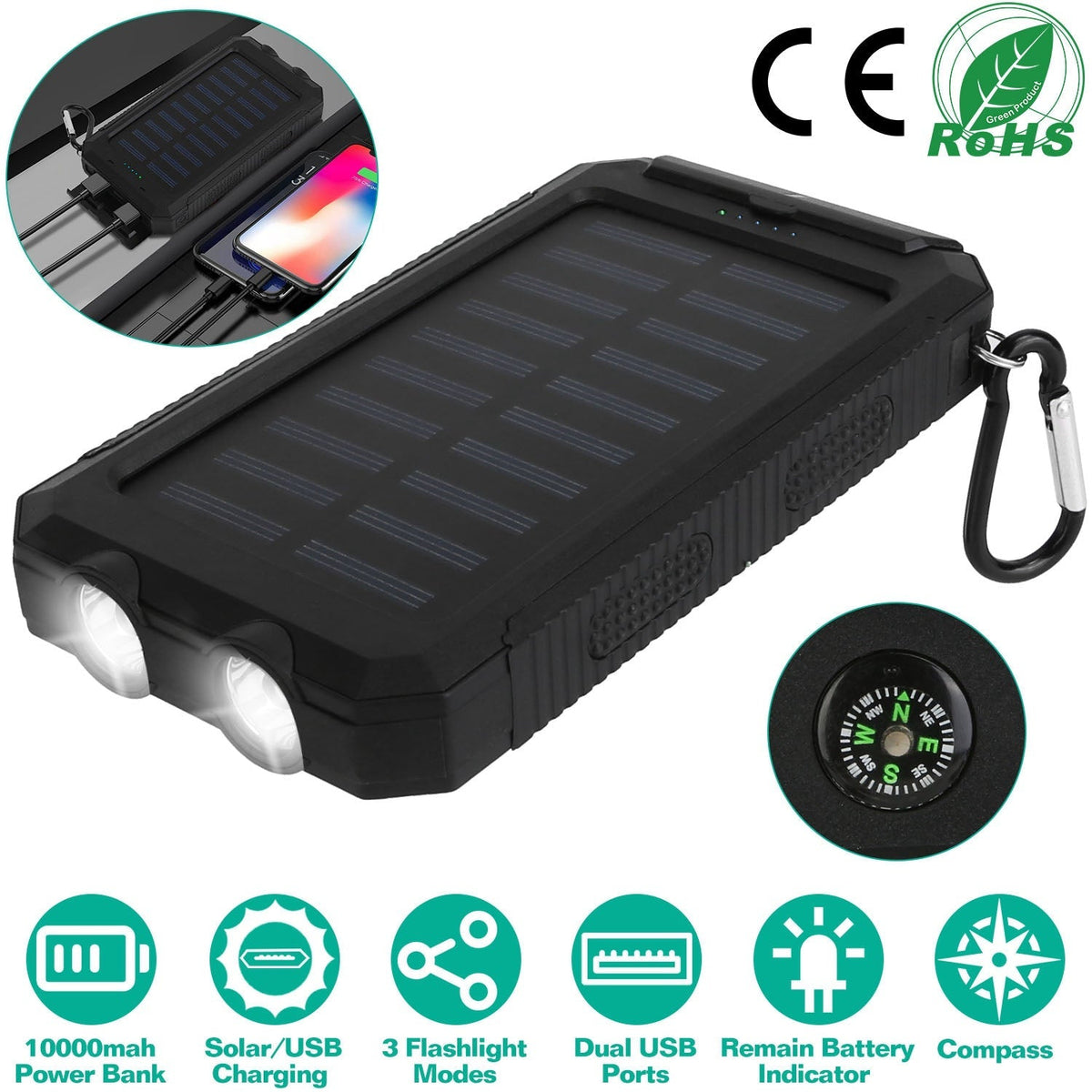 10,000mAh Solar Power Bank with Flashlight & Compass