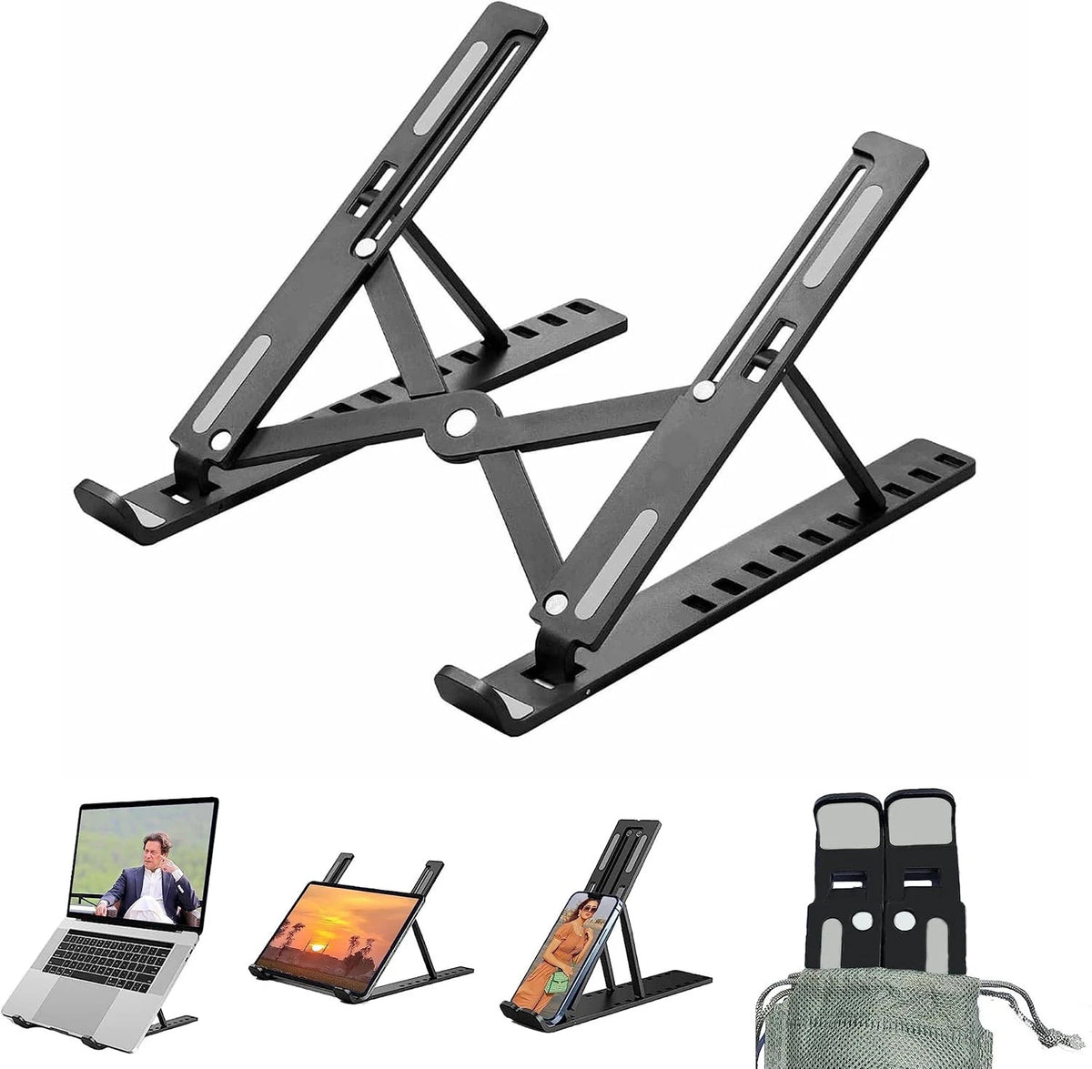 Adjustable aluminum laptop stand with examples of laptops and tablets on it