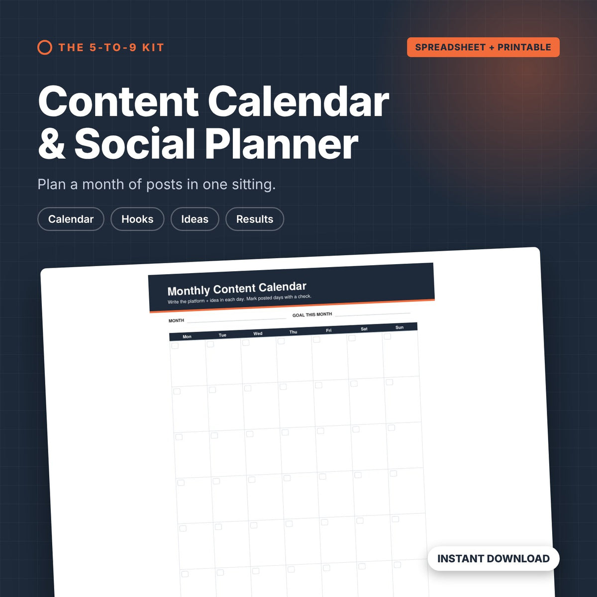 Content Calendar and Social Media Planner cover showing the monthly content calendar