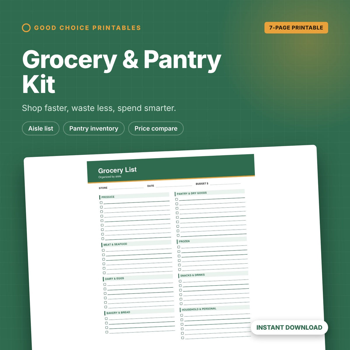 Grocery and Pantry Kit printable cover showing the aisle-by-aisle grocery list