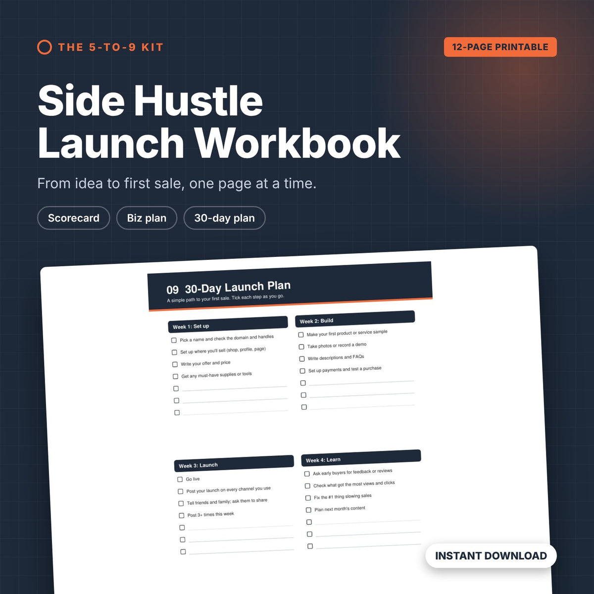 Side Hustle Launch Workbook cover showing the 30-day launch plan page