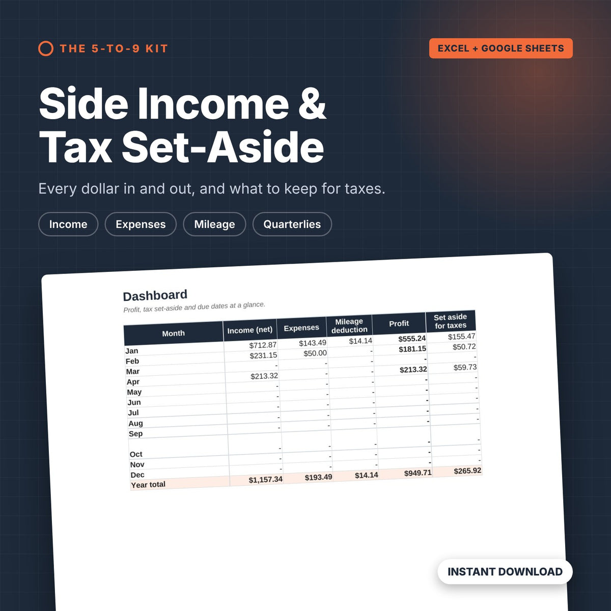 Side Income and Tax Set-Aside Tracker cover showing the dashboard