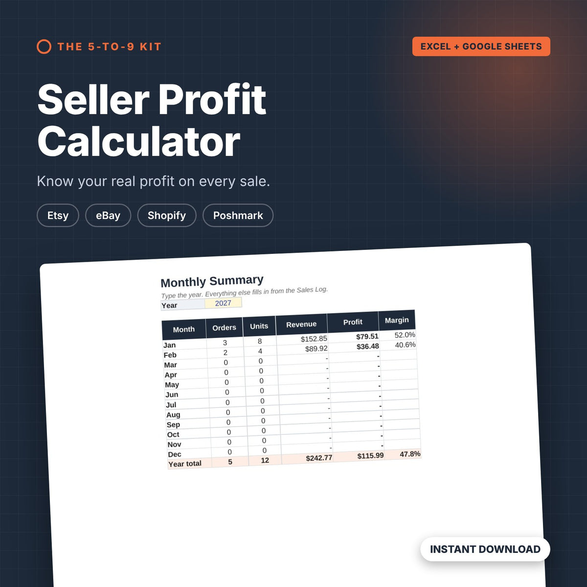 Seller Profit Calculator spreadsheet cover showing the monthly summary